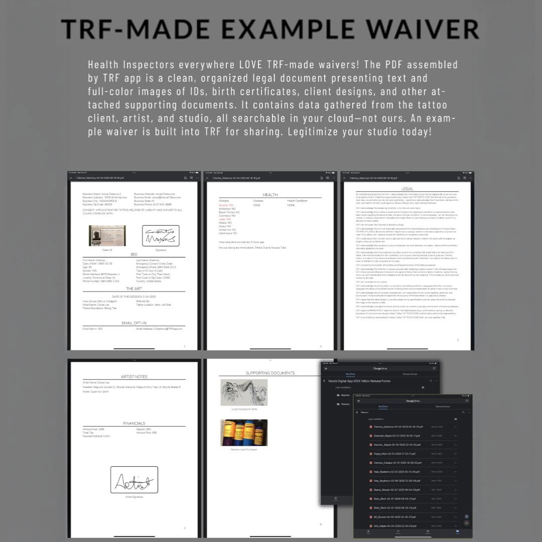 The PDF waiver assembled by TRF app is a clean, organized legal document presenting text and full-color…