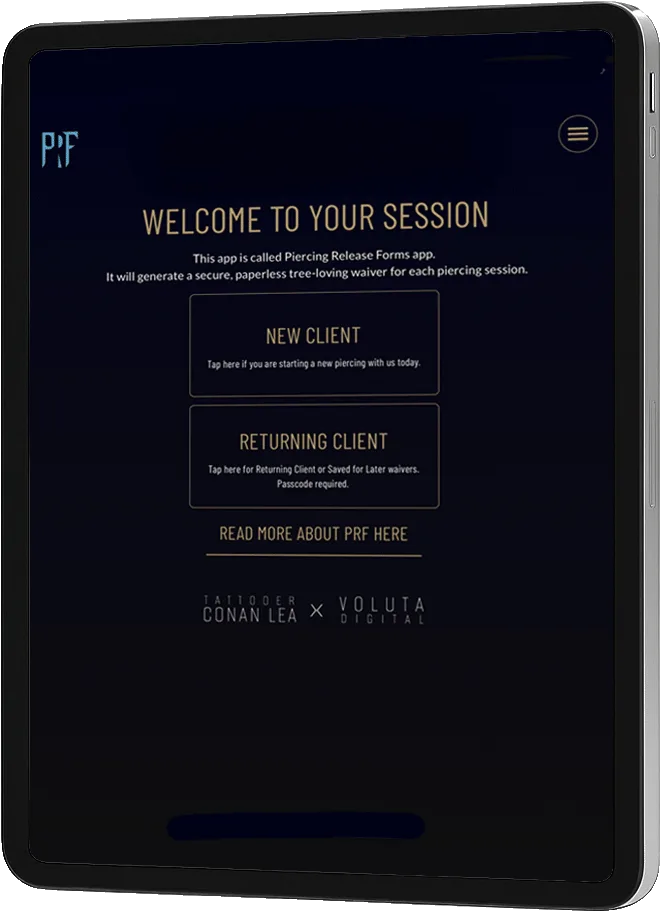 Tablet screen displaying an app for piercing release forms with options for new or returning clients, and information about the app.